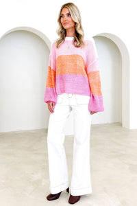 Pullover Sweater | Pink Colorblock Drop Shoulder