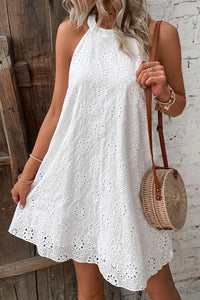 White Boho Eyelet Pattern Halter Neck Sleeveless Dress | Dresses/Mini Dresses