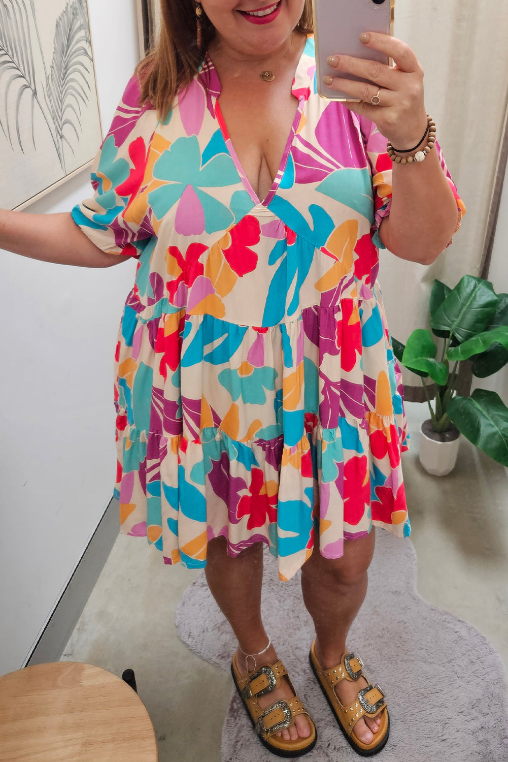 Multicolour Floral Tiered V Neck Plus Dress | Plus Size/Plus Size Dresses/Plus Size Mini Dresses