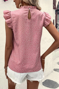 Pink Polka Dots Ruffle Flutter Sleeve Frilled Neck Blouse | Tops/Blouses & Shirts