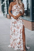 Load image into Gallery viewer, White Floral Slit Ruffled Halterneck Maxi Dress
