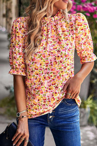 Orange Boho Floral Ruffle Short Sleeve Frill Mock Neck Blouse | Tops/Blouses & Shirts