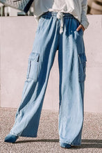 Load image into Gallery viewer, Sky Blue Drawstring High Waist Cargo Pocket Wide Leg Jeans | Bottoms/Jeans
