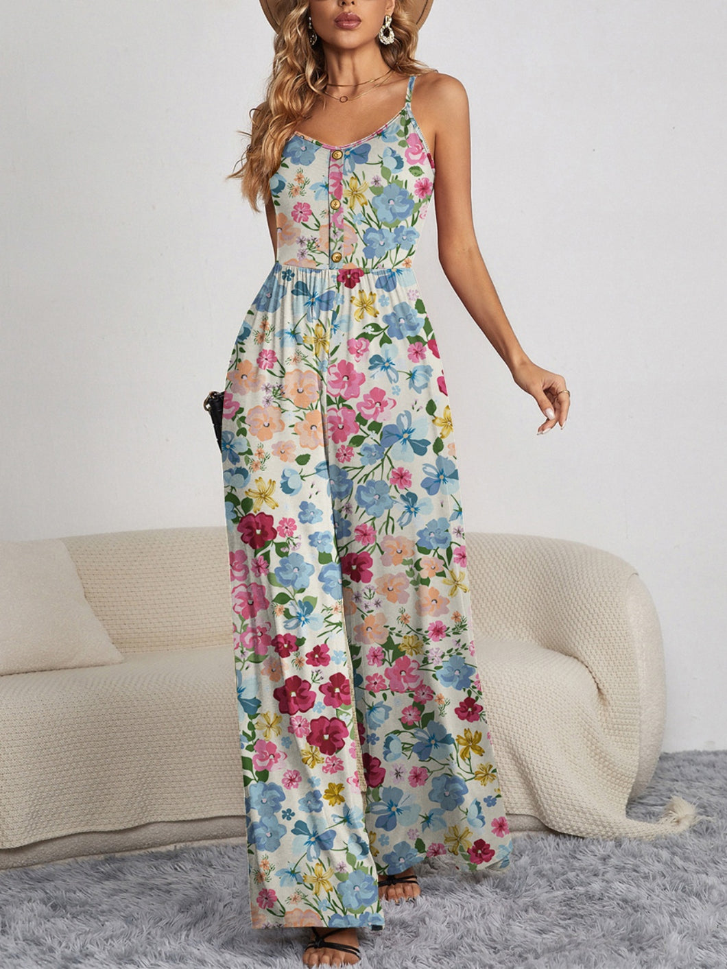 Womens Jumpsuit | Decorative Button Spaghetti Strap Wide Leg Jumpsuit | Dress