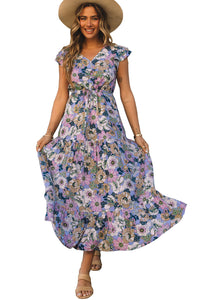 Purple Layered Ruffle Sleeves Long Floral Dress | Dresses/Floral Dresses
