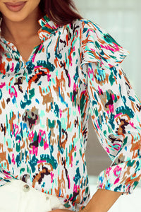 Multicolor Abstract Print 3/4 Puff Sleeve Ruffle Blouse | Tops/Blouses & Shirts