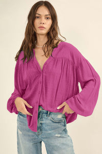 Rose Solid Color Jacquard Puff Sleeve Button up Shirt | Tops/Blouses & Shirts
