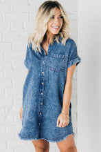 Load image into Gallery viewer, Denim Mini Dress | Blue Mineral Wash Frayed Hem Dress
