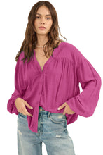 Load image into Gallery viewer, Rose Solid Color Jacquard Puff Sleeve Button up Shirt | Tops/Blouses &amp; Shirts
