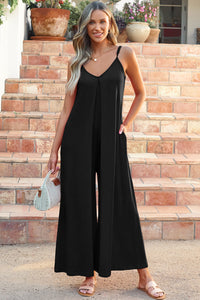 Black Adjustable Knotted Spaghetti Straps Wide Leg Jumpsuit