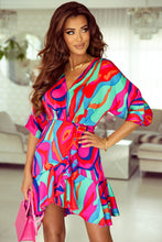 Load image into Gallery viewer, Multicolor Abstract Printed V Neck Dolman Sleeve Ruffle Wrap Dress | Dresses/Mini Dresses
