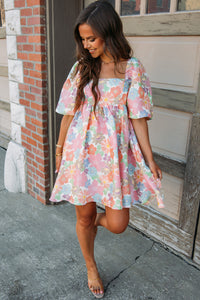 Pink Summer Floral Square Neck Puff Sleeve Babydoll Dress | Dresses/Floral Dresses