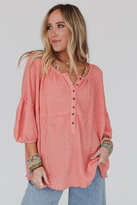 Pink Waffled Bracelet Sleeve Oversized Henley Top | Tops/Blouses & Shirts