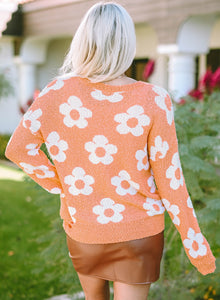 Grapefruit Orange Fuzzy Floral Knitted Drop Shoulder Sweater | Tops/Sweaters & Cardigans