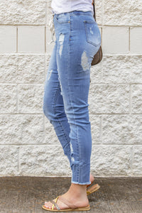 Sky Blue Drawstring Elastic Waist Hole Ripped Jeans | Bottoms/Jeans