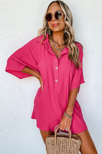 Bright Pink Half Button Collared Loose Romper | Bottoms/Jumpsuits & Rompers