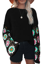 Load image into Gallery viewer, Black Floral Crochet Bell Sleeve Loose Sweater | Tops/Sweaters &amp; Cardigans
