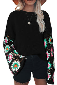 Black Floral Crochet Bell Sleeve Loose Sweater | Tops/Sweaters & Cardigans