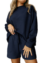 Load image into Gallery viewer, Drawstring Shorts Set | Navy Blue Textured Long Sleeve Top
