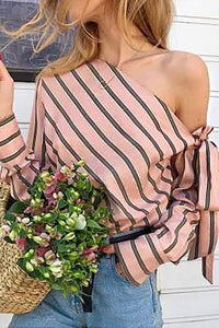 Tied Shoulder Blouse | Pink Striped Asymmetric Top