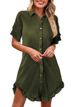 Load image into Gallery viewer, Pleated Shirt Dress | Green High-Low Hem Ruffle Sleeve Dress
