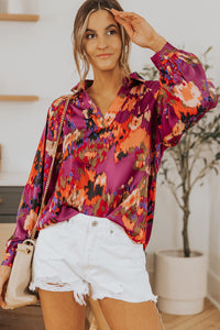 Purple Graffiti Printed V Neck Puff Sleeve Blouse | Tops/Blouses & Shirts