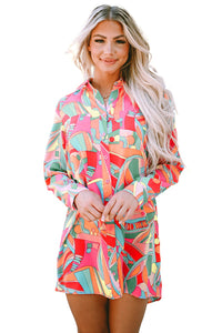 Long Sleeve Shirt Dress | Multi-Color Geometric Abstract Print