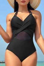 Load image into Gallery viewer, Black Halter Mesh Insert Cross Front One-Piece Swimsuit | Swimwear/One Piece Swimsuit
