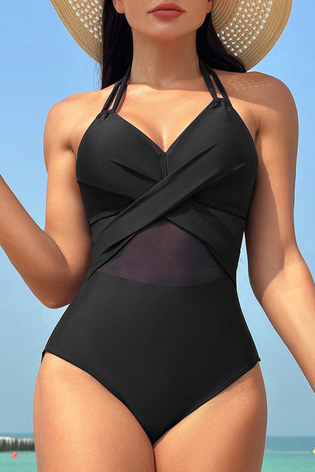 Black Halter Mesh Insert Cross Front One-Piece Swimsuit | Swimwear/One Piece Swimsuit