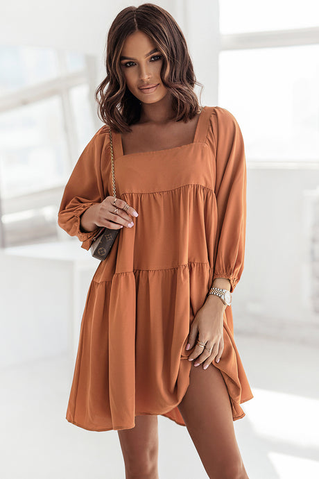 Brown Square Neck Half Sleeve High Low Mini Dress | Dresses/Mini Dresses