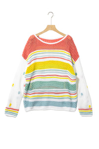 Multicolor Hollow Striped Knit Contrast Sleeve Sweater | Tops/Sweaters & Cardigans