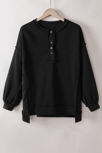 Black Oversized Exposed Seam Henley Sweatshirt | Tops/Sweatshirts & Hoodies