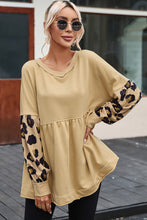 Load image into Gallery viewer, Khaki Leopard Splicing Sleeve Ruffle Loose Sweatshirt | Tops/Sweatshirts &amp; Hoodies
