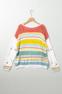 Multicolor Hollow Striped Knit Contrast Sleeve Sweater | Tops/Sweaters & Cardigans