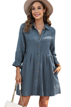 Load image into Gallery viewer, Sail Blue 3/4 Ruffled Sleeve Buttoned Crinkled Shirt Dress | Dresses/Mini Dresses
