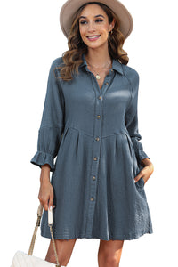 Sail Blue 3/4 Ruffled Sleeve Buttoned Crinkled Shirt Dress | Dresses/Mini Dresses
