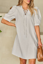 Load image into Gallery viewer, Bubble Sleeve Dress | Lace-Up V Neck Short Shift Dress
