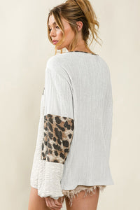 White Leopard Patch Puff Sleeve Textured Blouse | Tops/Blouses & Shirts