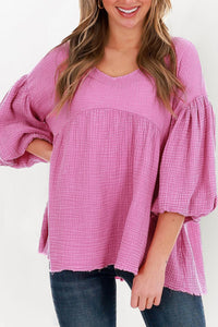 Pink Crinkle Bubble Sleeve Raw Hem Babydoll Blouse | Tops/Blouses & Shirts