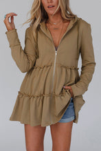 Load image into Gallery viewer, Khaki Tiered Ruffled Zip-Up Drawstring Hooded Jacket | Outerwear/Jackets
