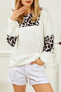 White Leopard Patch Puff Sleeve Textured Blouse | Tops/Blouses & Shirts