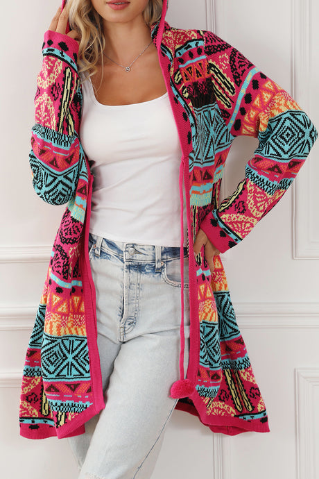 Rose Boho Aztec Knitted Pom Pom Tie Hooded Cardigan | Tops/Sweaters & Cardigans