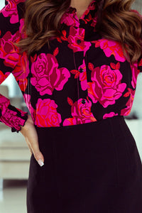 Rose Floral Shirred Cuffs Long Sleeve Shirt | Tops/Blouses & Shirts