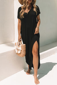 Black V Neck Hidden Pocket Splits Maxi T-shirt Dress | Dresses/T Shirt Dresses