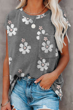 Load image into Gallery viewer, Gray Floral Cap Sleeve T-Shirt with Pocket | Tops/Tops &amp; Tees
