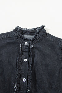 Denim Top | Raw Hem Button Up Cap Sleeve Blouse