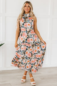 Black Boho Floral Print Knotted Halter Ruffled Maxi Dress | Dresses/Maxi Dresses