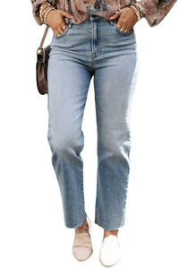 Light Blue Acid Wash Raw Edge Straight Jeans | Bottoms/Jeans