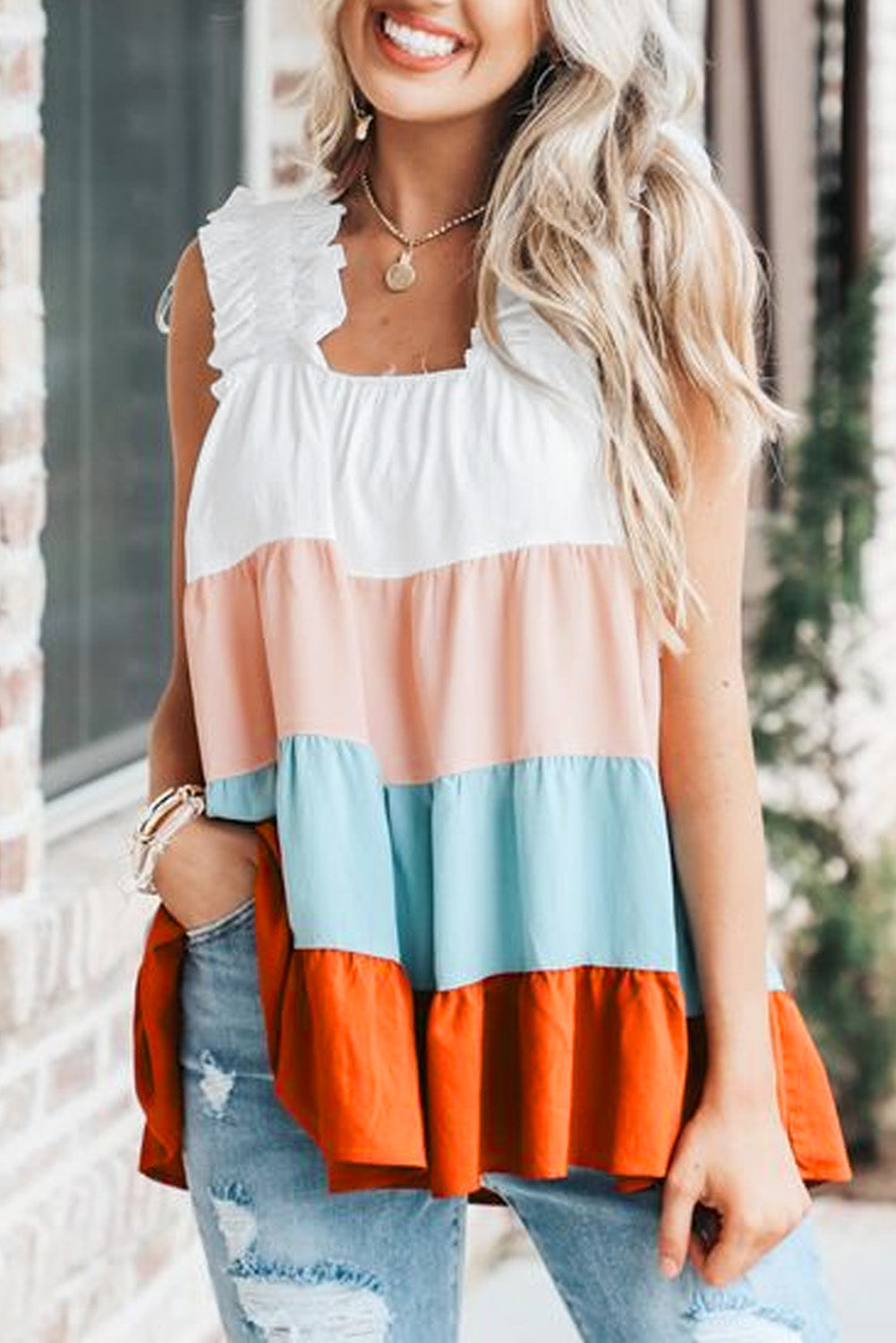 Tank Top | White Frill Straps Color Block Tiered Blouse