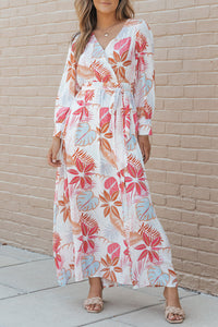 Maxi Dress | Tropical Plant Print Long Sleeve Wrap Dress